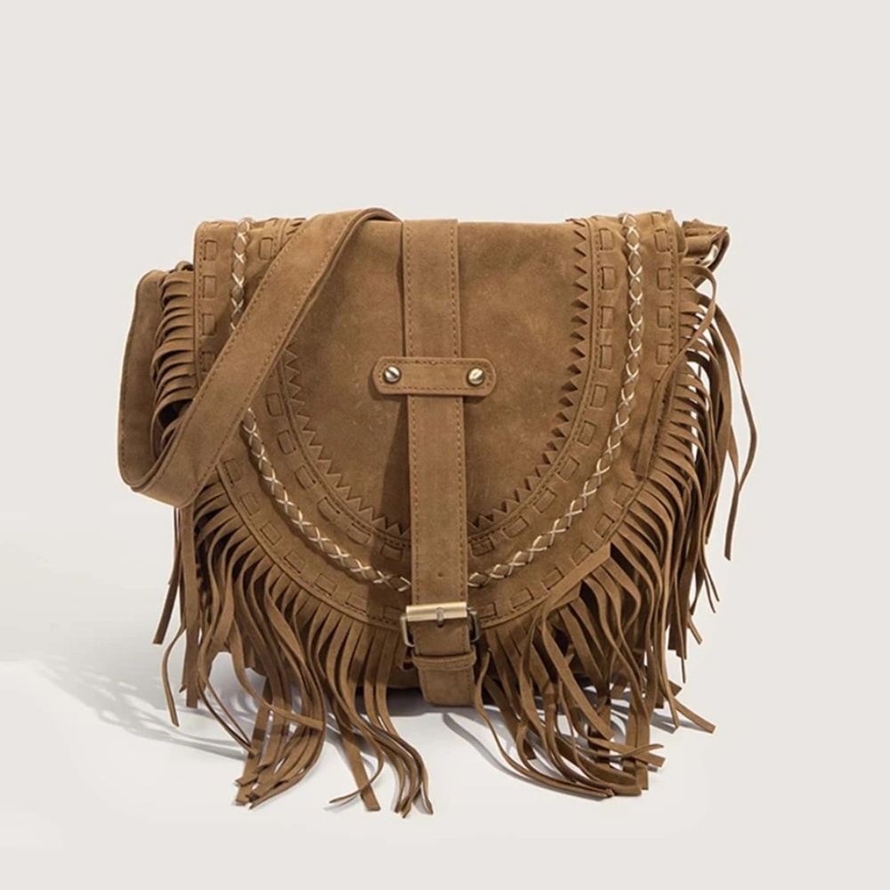Boho Vegan Suede Fringe Shoulder Crossbody Bag